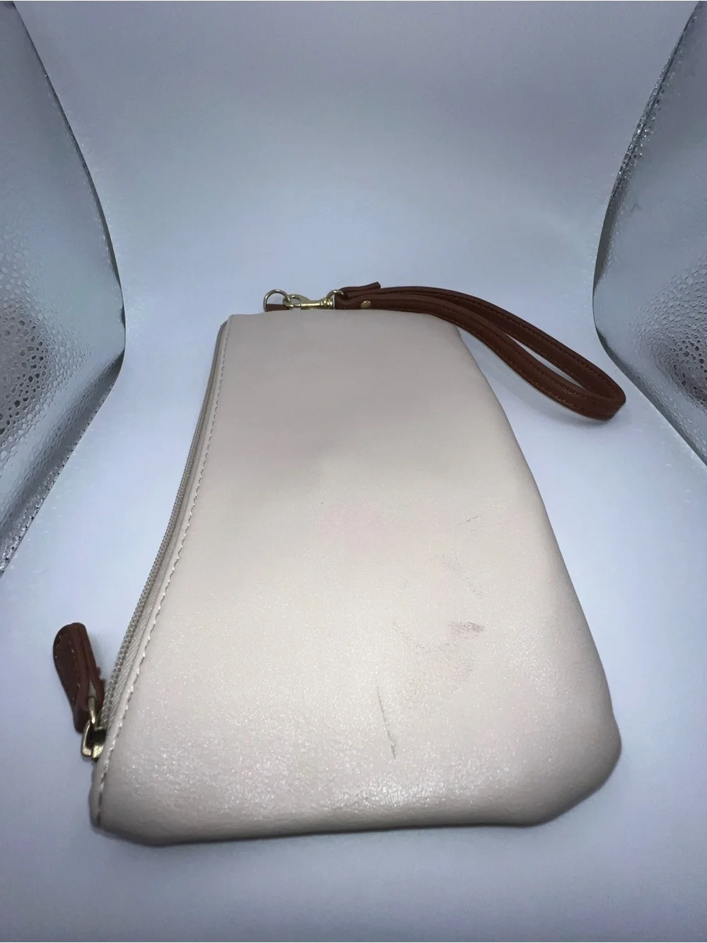 Stone & Co. Cream Wristlet with Navy Center Stripe and Brown Trim